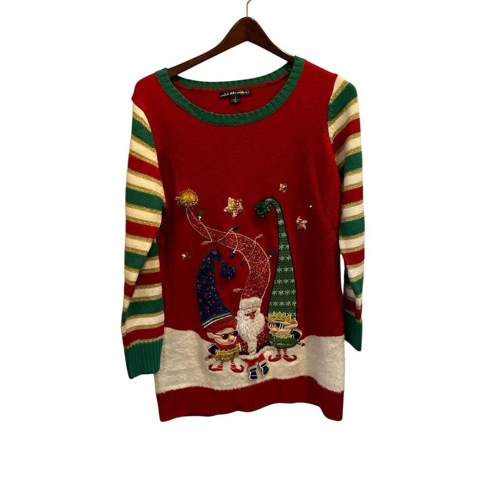 Women's Red Sequin Elf Christmas Tunic‎ Sweater Size L Holiday Party L